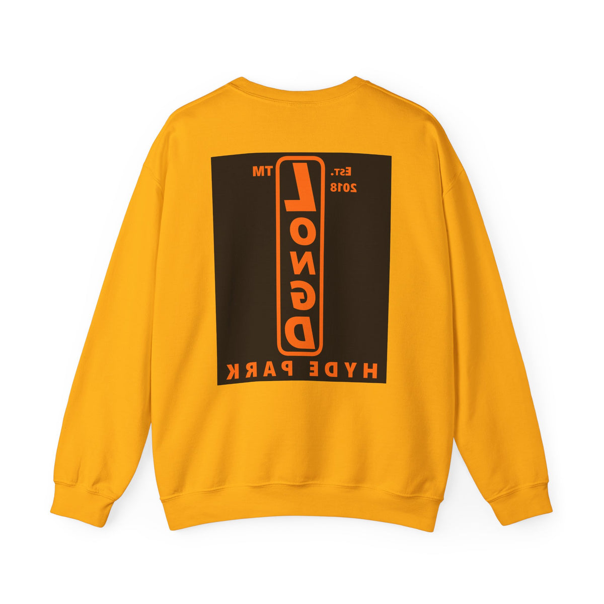 LongD Hyde Park upright front-back logo orange (FE7518) on Black (000000) crewneck sweatshirt