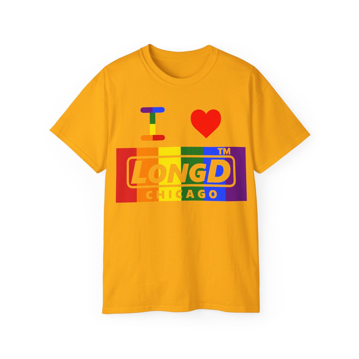 I Luv LongD negative vertical striped Chicago logo cotton tee (Pride colors)