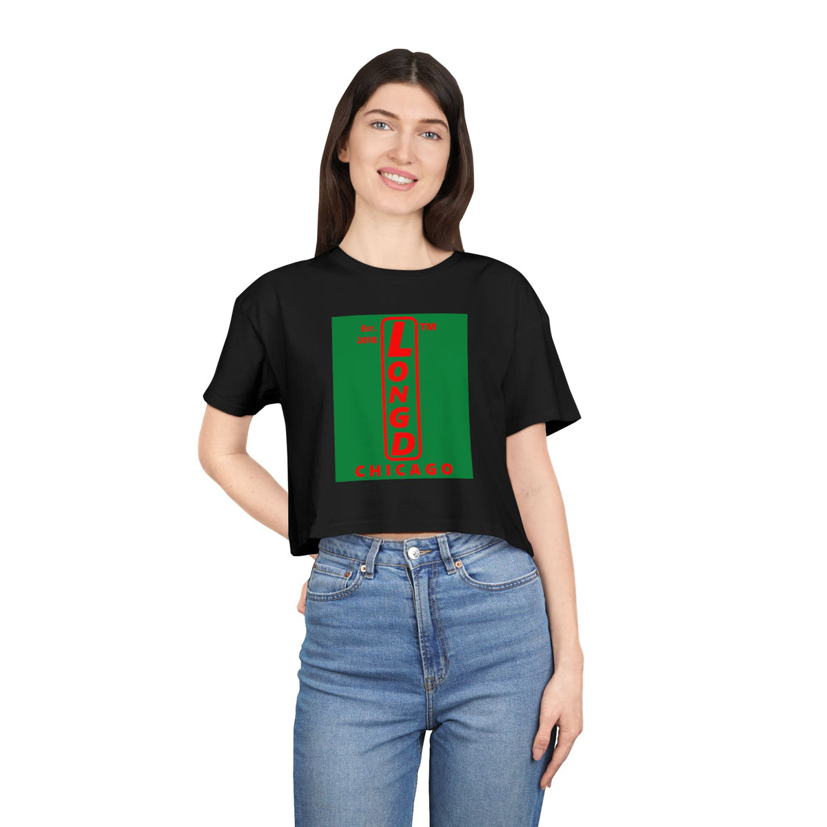 LongD Chicago upright logo positive red on negative green (Xmas colors) crop tee