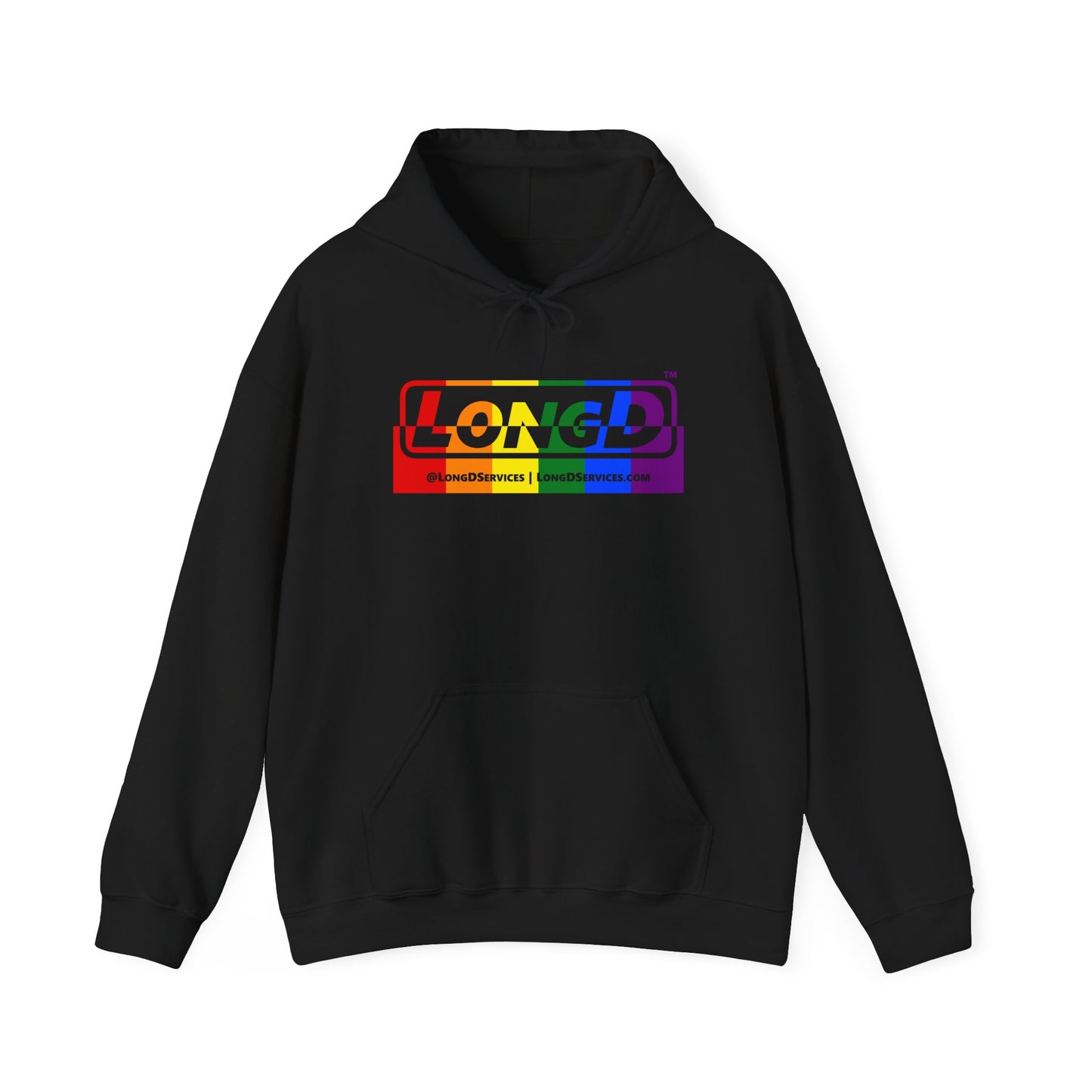 LongD® Logo Hoodie with Pride rainbow positive top negative bottom text