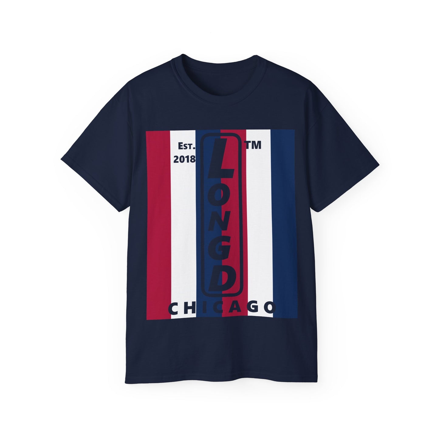 LongD cotton tee negative vertical 6-striped Chicago upright logo (Patriotic colors)