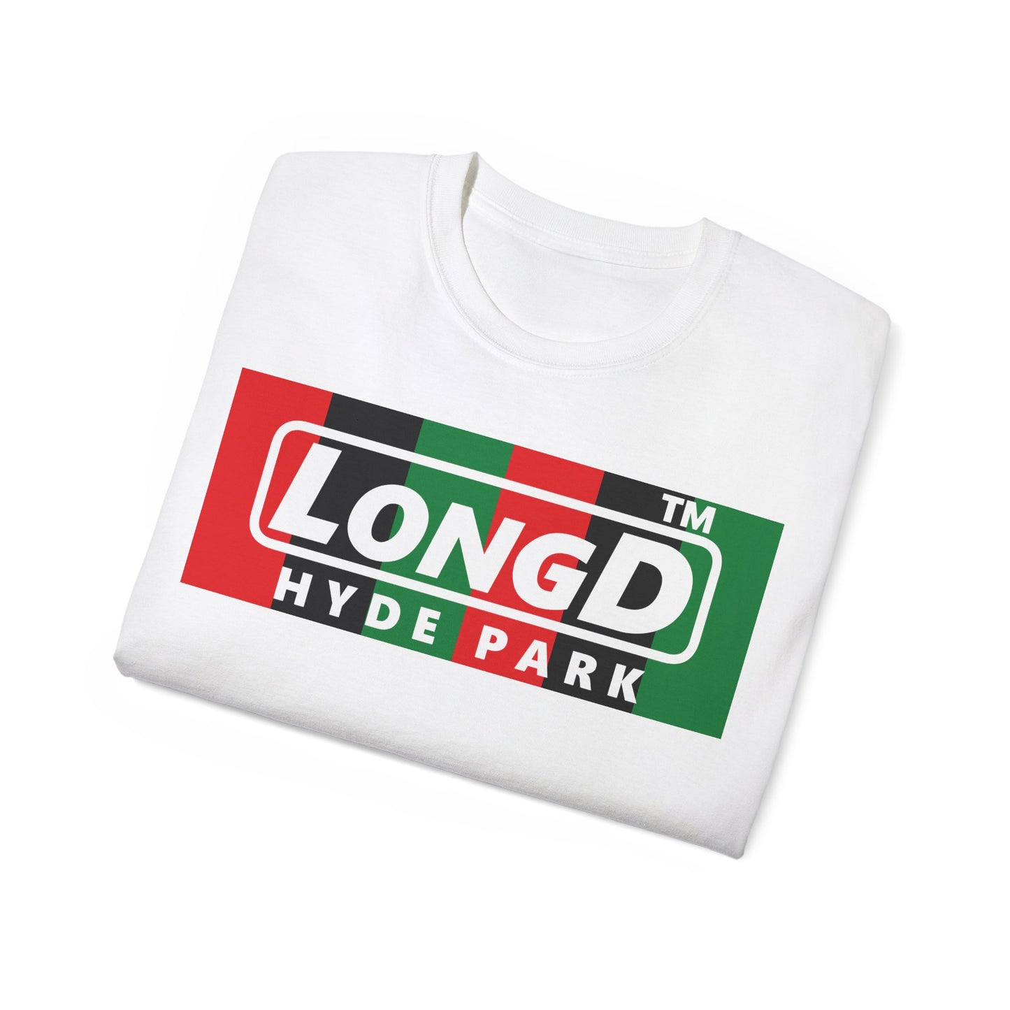LongD negative vertical 6-striped Hyde Park logo front-back cotton tee (Juneteenth colors)