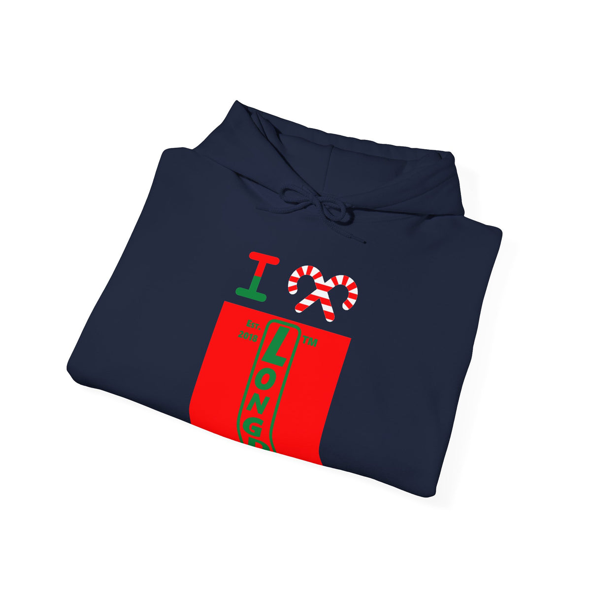 I candy cane LongD Tag upright logo positive green on negative red hoodie