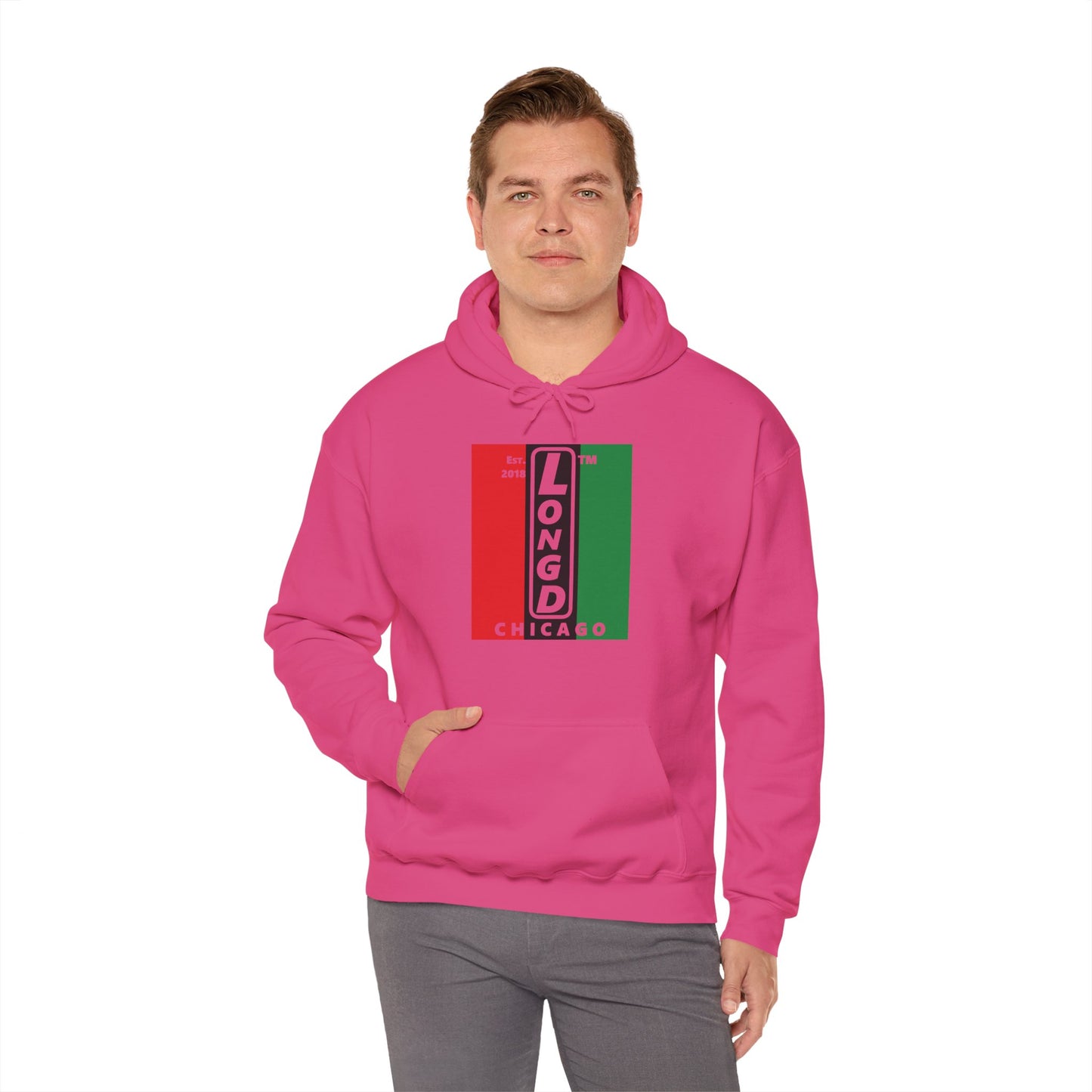 LongD® negative vertical 3-striped upright Chicago logo hoodie (Juneteenth colors)