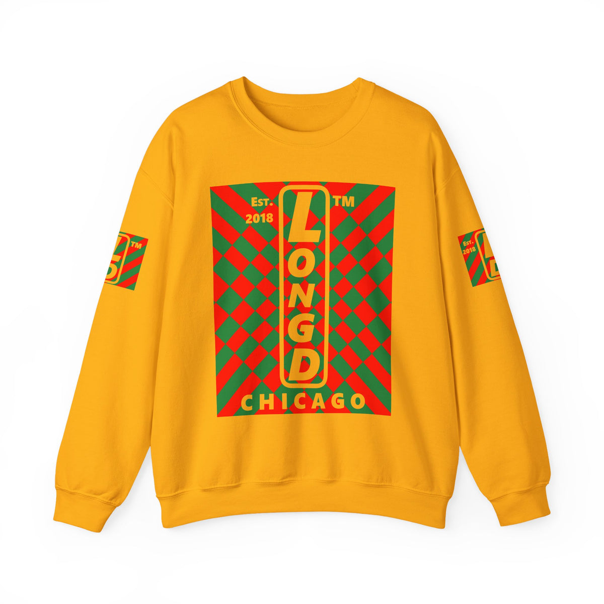 LongD Chicago negative upright stylized argyle 4-print logo (Xmas colors) crewneck sweatshirt