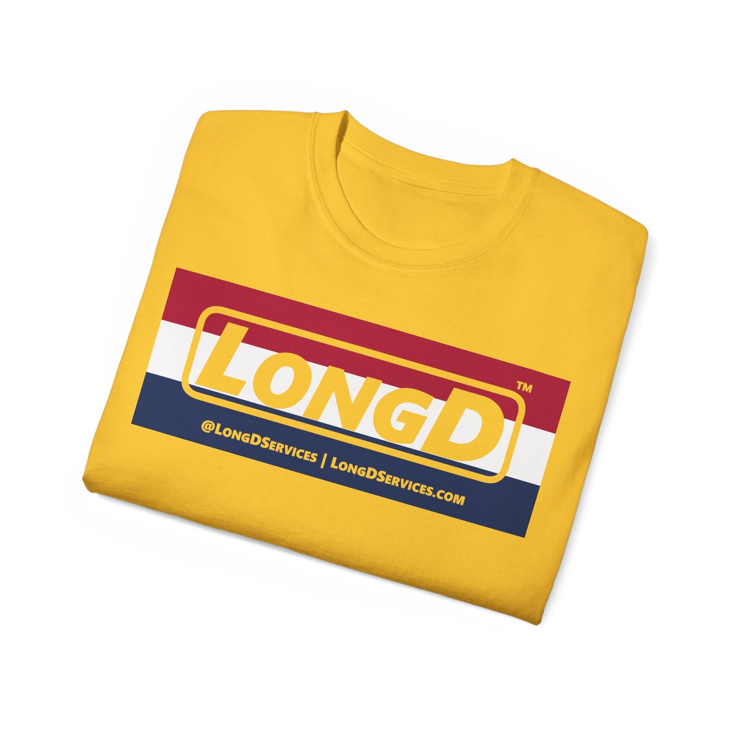 LongD® Logo Cotton Tee Red, White and Blue striped thirds negative text