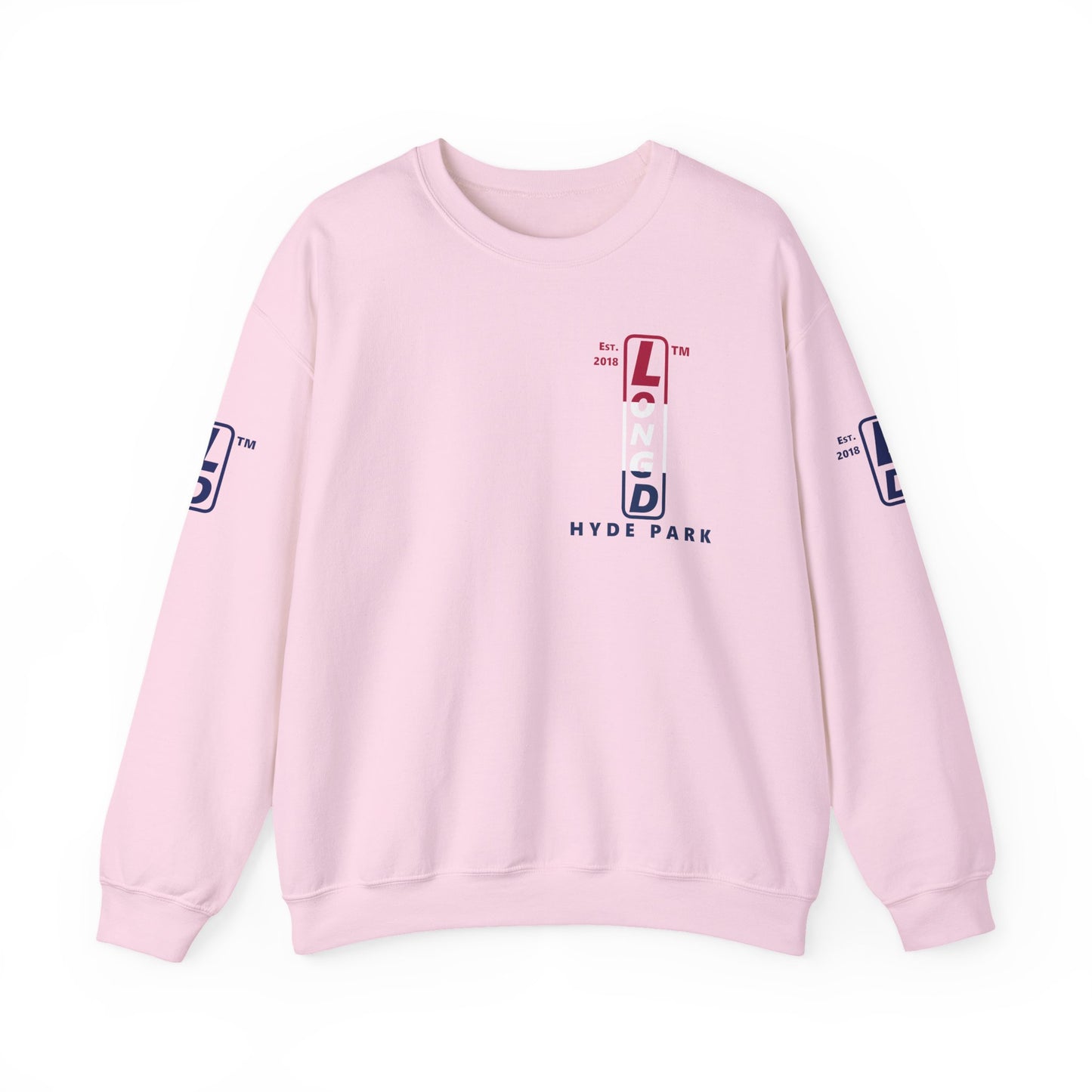 LongD positive horizontal 3-striped Hyde Park upright 4-print single-breasted logo crewneck sweatshirt (patriotic colors)