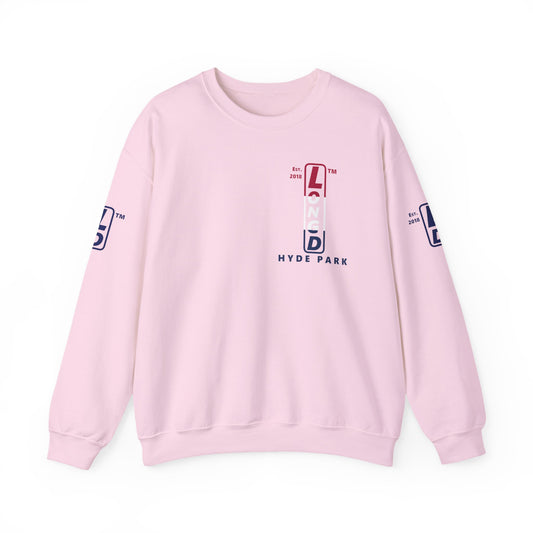 LongD positive horizontal 3-striped Hyde Park upright 4-print single-breasted logo crewneck sweatshirt (patriotic colors)