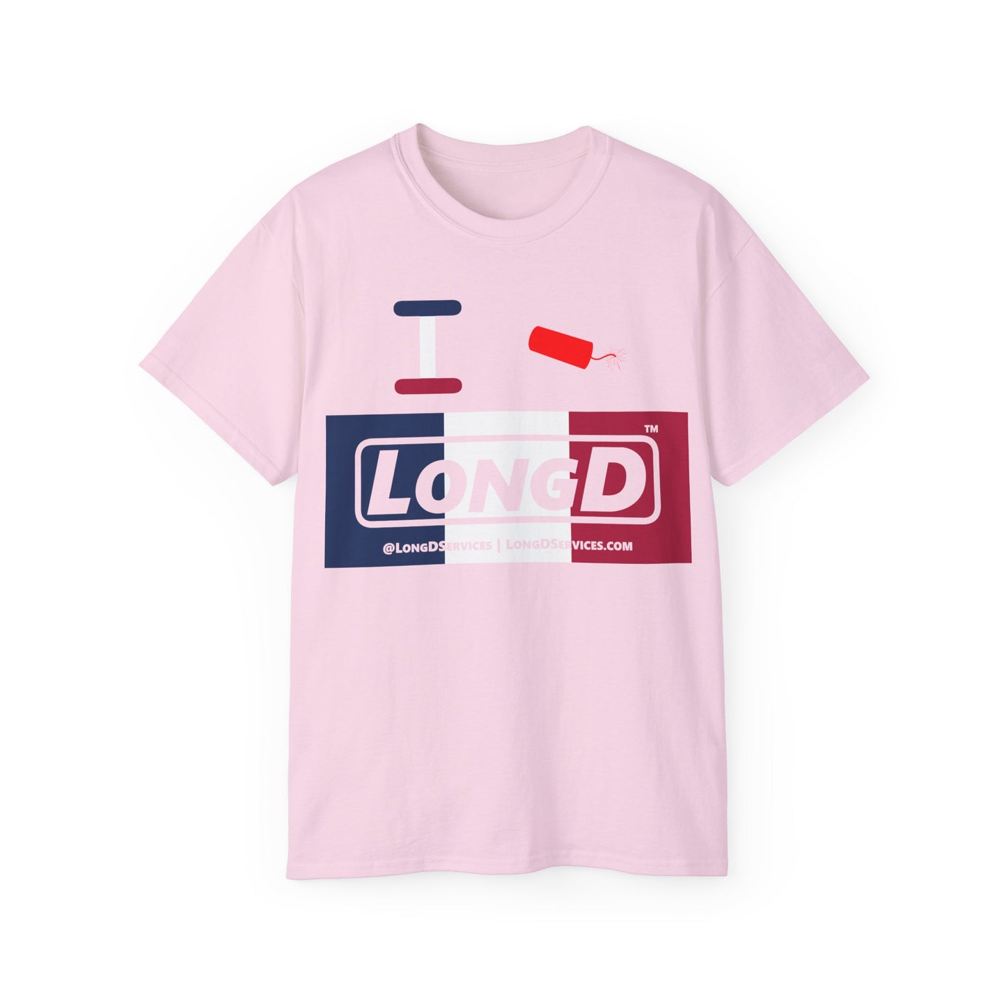 I Firecracker LongD® Logo Cotton Tee Blue, White and Red negative thirds text
