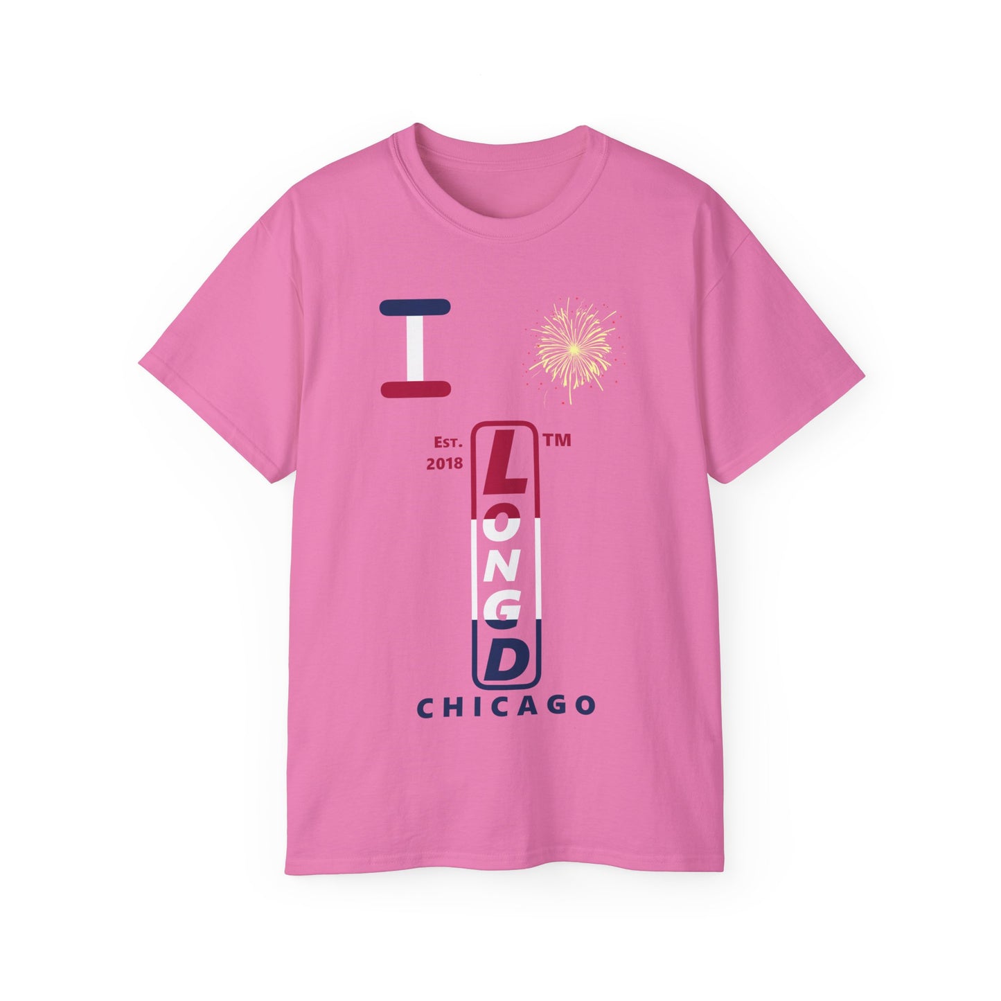 I Burst LongD cotton tee positive horizontal 3-striped Chicago upright logo (Patriotic colors)