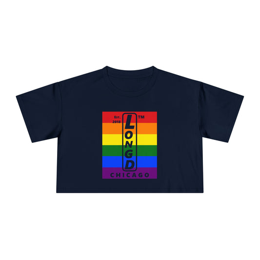 Mixed horizontal 6-striped upright front-back Chicago logo crop tee (Pride colors)