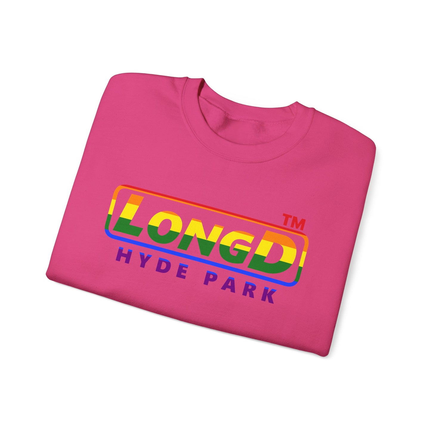 LongD positive horizontal striped front-back Hyde Park logo crewneck sweatshirt (Pride colors)
