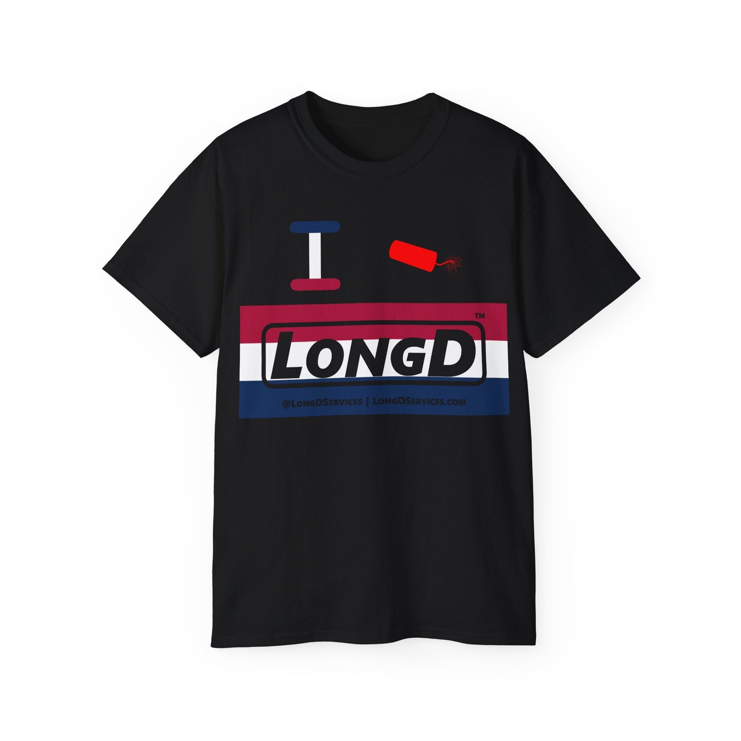 I Firecracker LongD® Logo Cotton Tee Red, White and Blue striped thirds text