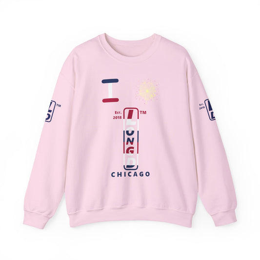 I Burst LongD positive horizontal 6-striped Chicago upright 4-print logo crewneck sweatshirt
