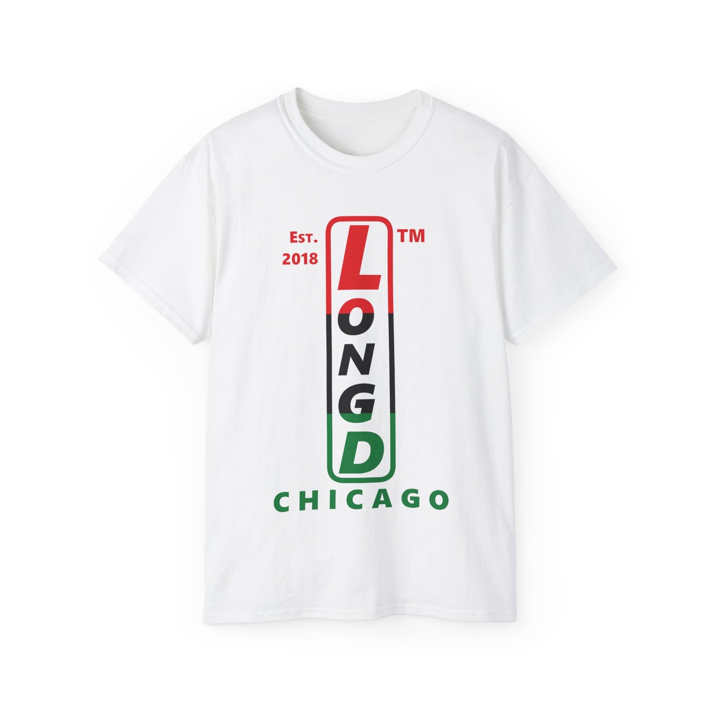 LongD Cotton Tee positive horizontal striped Chicago upright logo (Juneteenth colors)