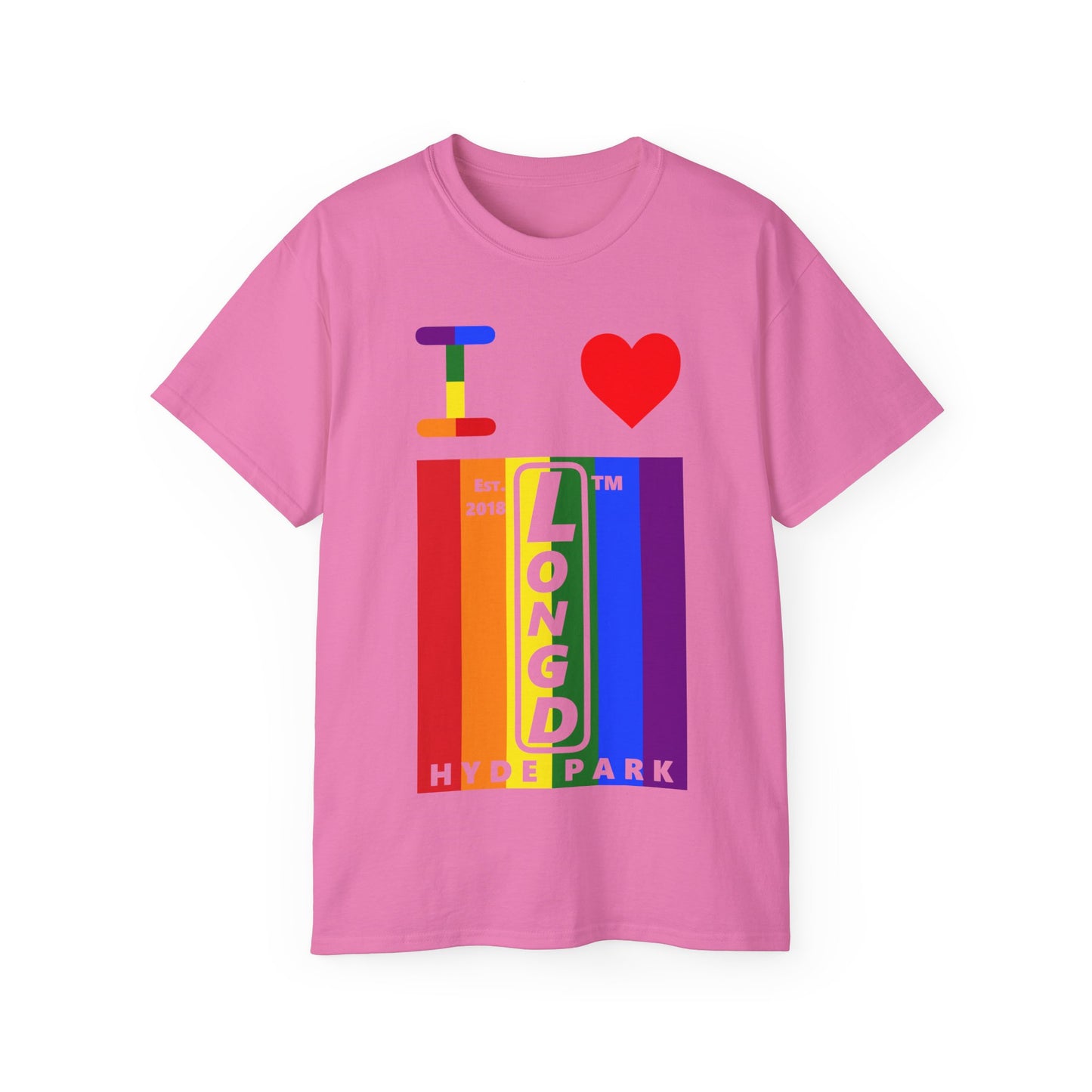 I Luv LongD Cotton Tee negative vertical striped Hyde Park upright logo (Pride colors)
