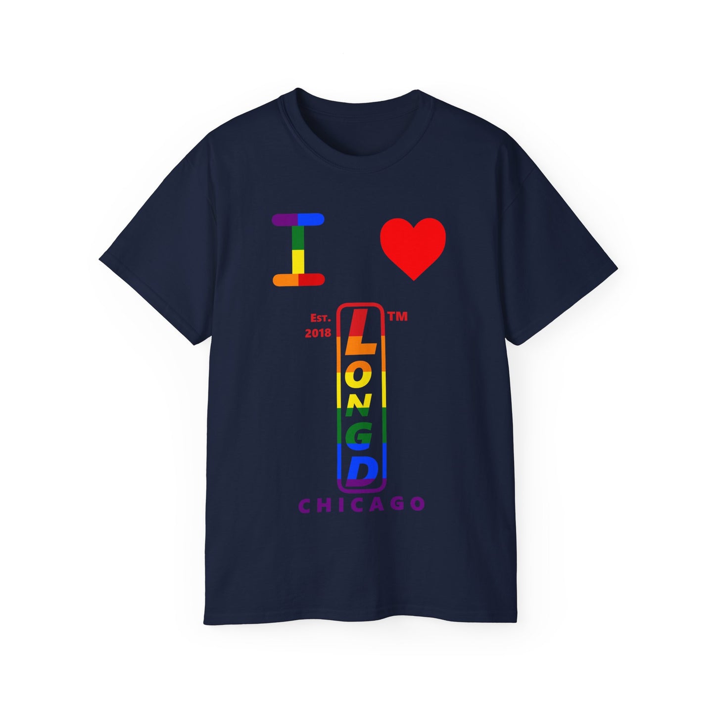 I Luv LongD Cotton Tee positive horizontal striped Chicago upright logo (Pride colors)