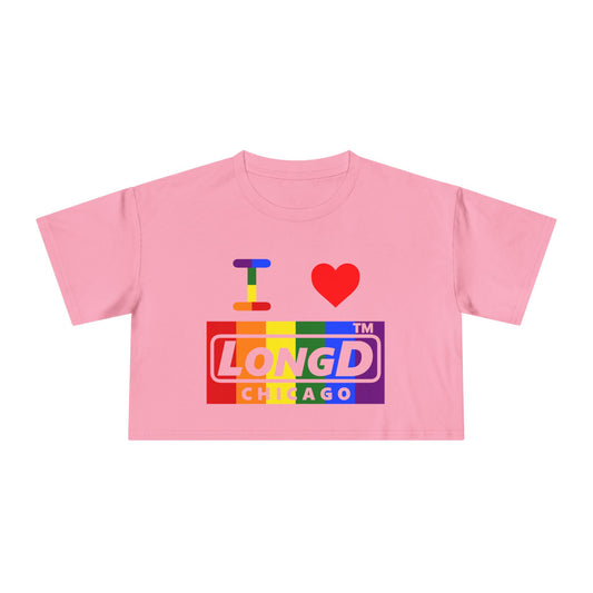 I Luv LongD negative vertical 6-striped Chicago logo crop tee (Pride colors)