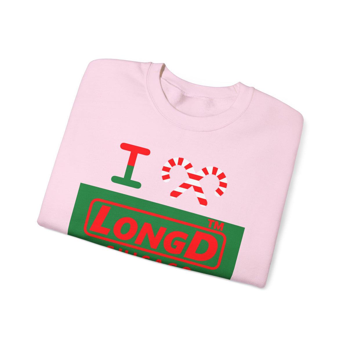 I candy cane LongD Chicago logo positive red on negative green crewneck sweatshirt