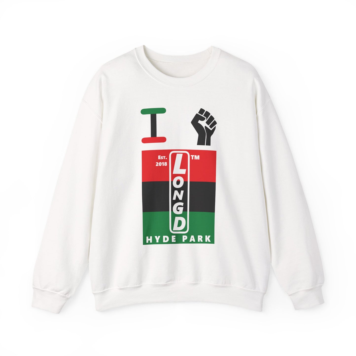 I Fist LongD negative horizontal 3-striped Hyde Park upright logo crewneck sweatshirt