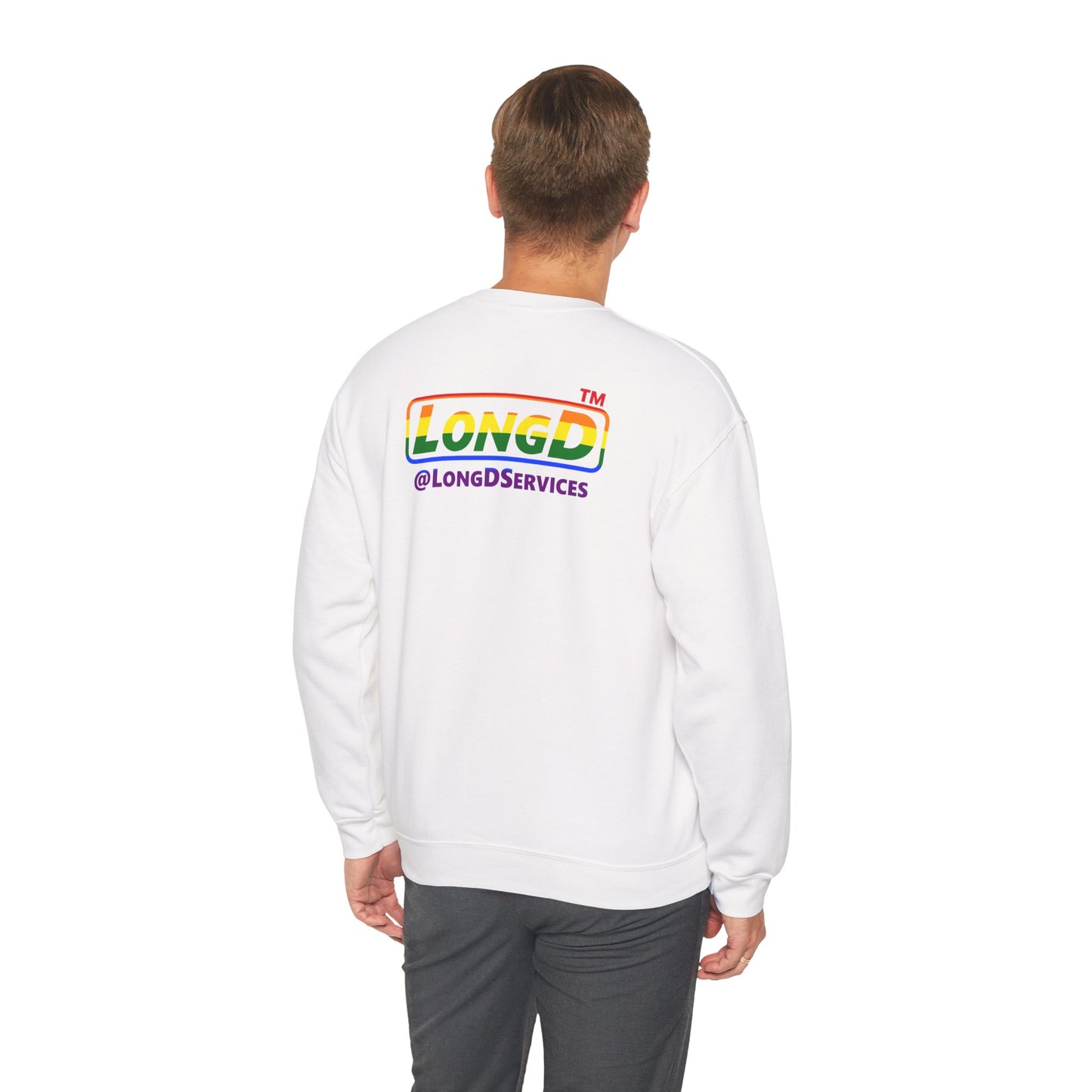 I Luv LongD positive horizontal striped front-back Hyde Park logo crewneck sweatshirt (Pride colors)
