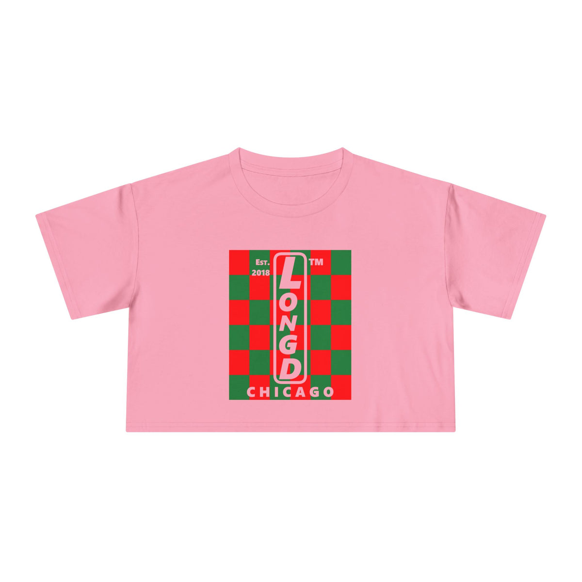 LongD Chicago negative upright checkered front-back logo (Xmas colors) crop tee