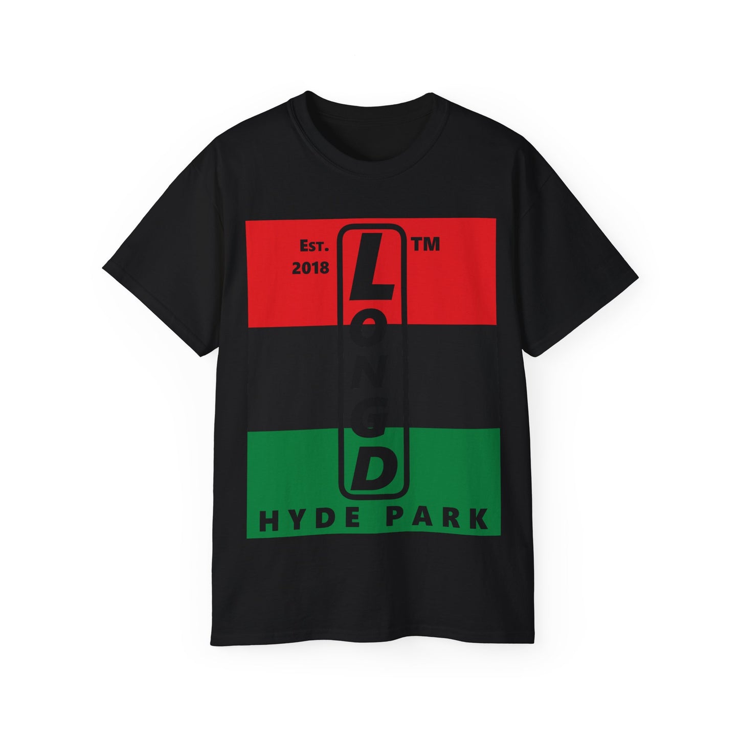 LongD Cotton Tee negative horizontal striped Hyde Park upright logo (Juneteenth colors)