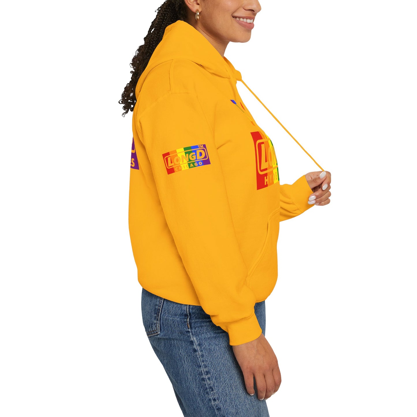 I Luv LongD® negative vertical striped 4-print Hyde Park logo hoodie (Pride colors)
