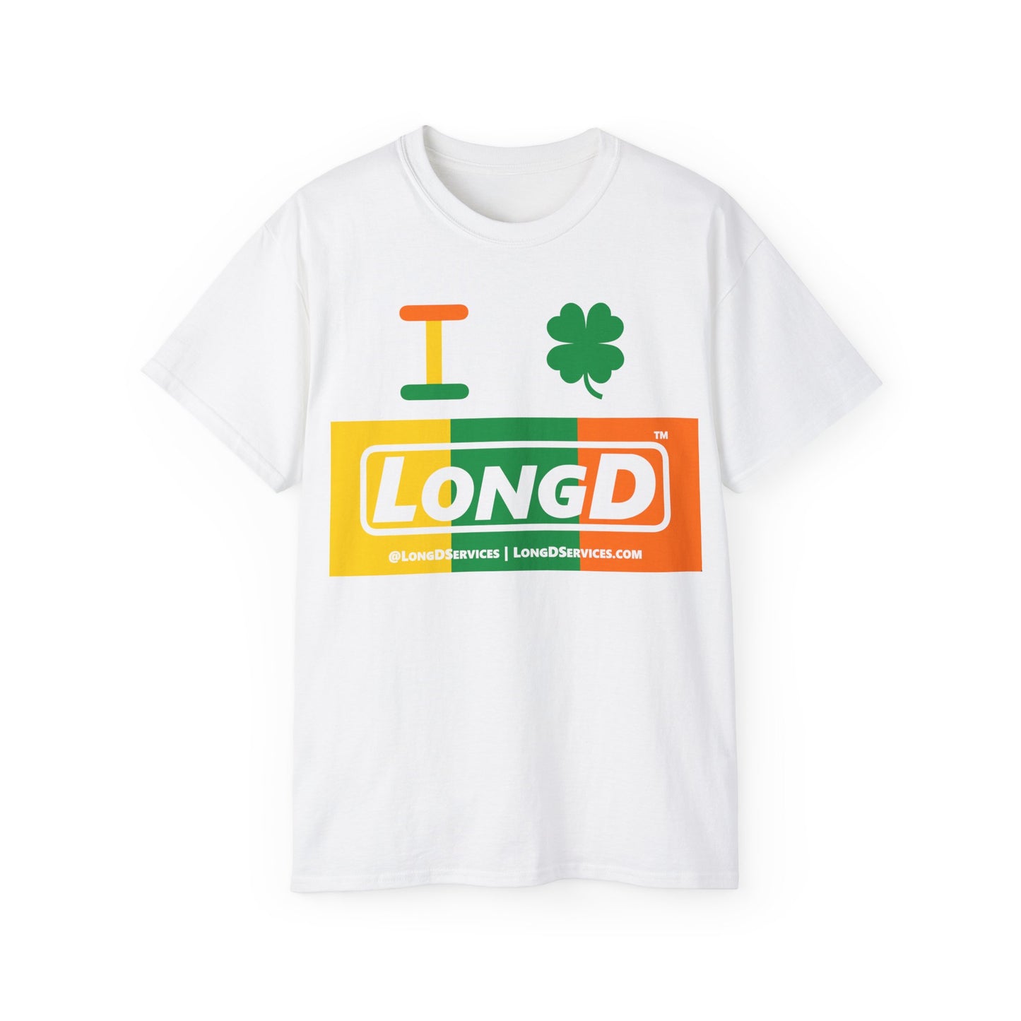 I Clover LongD® Logo Cotton Tee (St. Patrick's Day -Irish Green, Golden Yellow and Irish Orange negative thirds with 4-leaf clover)