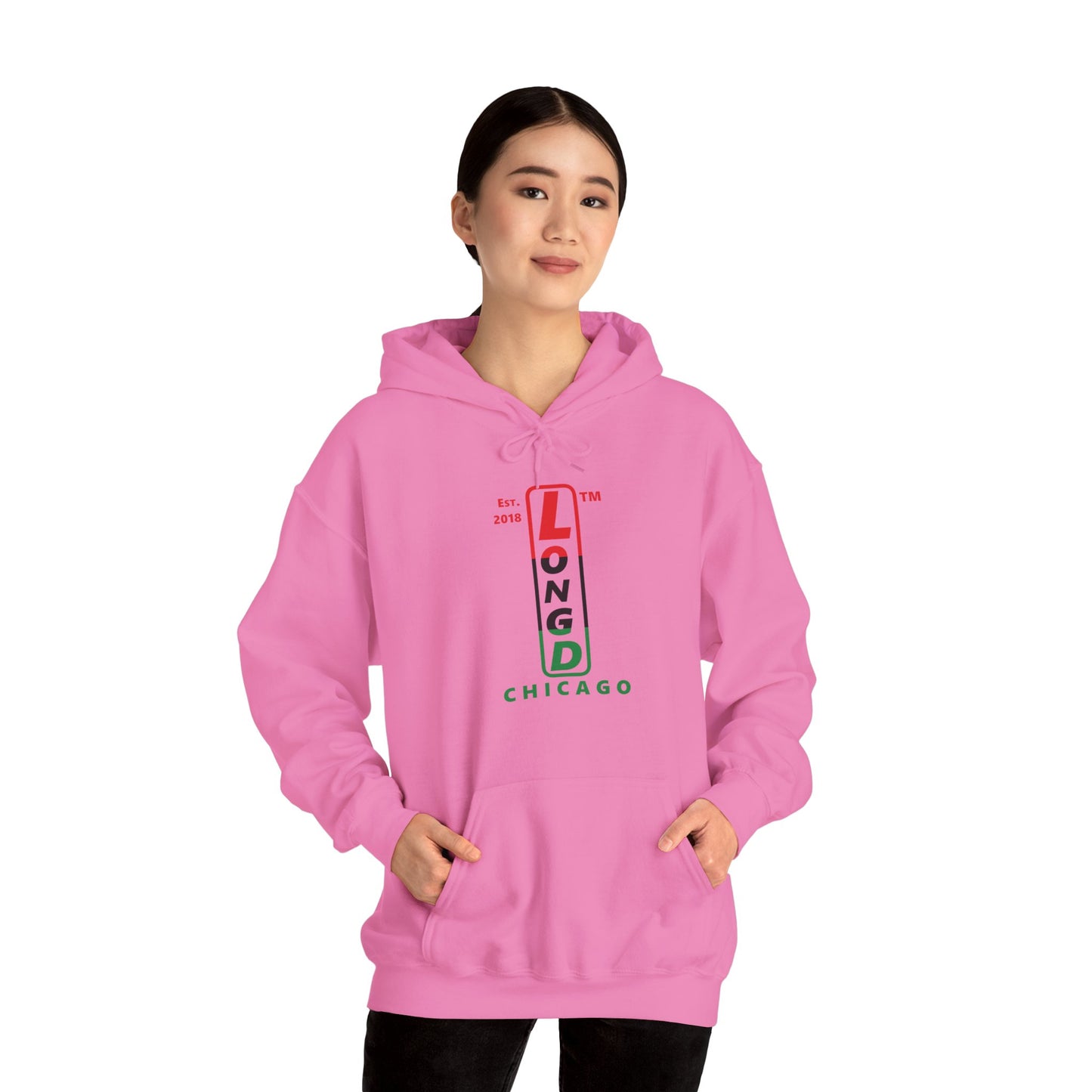 LongD® positive horizontal 3-striped upright Chicago logo hoodie (Juneteenth colors)