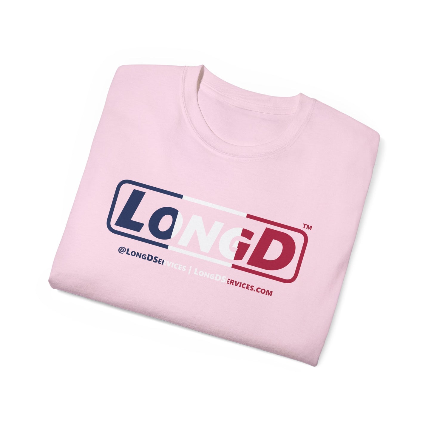 LongD® Logo Cotton Tee Blue, White and Red positive thirds text