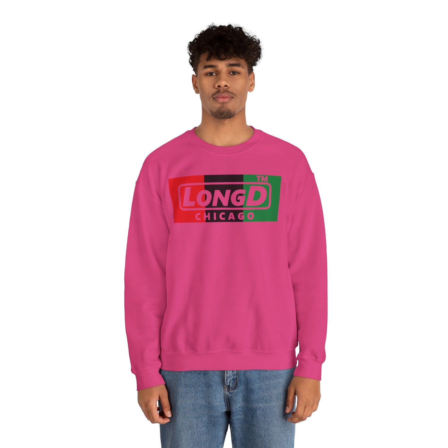 LongD negative vertical 3-striped Chicago logo crewneck sweatshirt (Juneteenth colors)