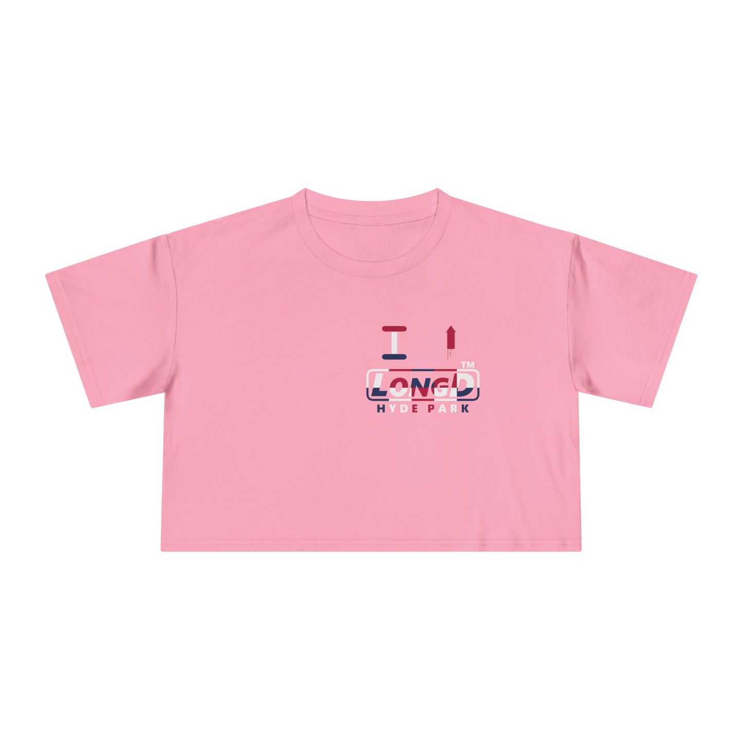 I firecracker LongD positive 2x5 single-breasted front-back Hyde Park Logo Crop Tee (Patriotic colors)