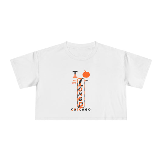 I pumpkin LongD Chicago positive upright pixel-weighted 12-striped front-back logo crop tee