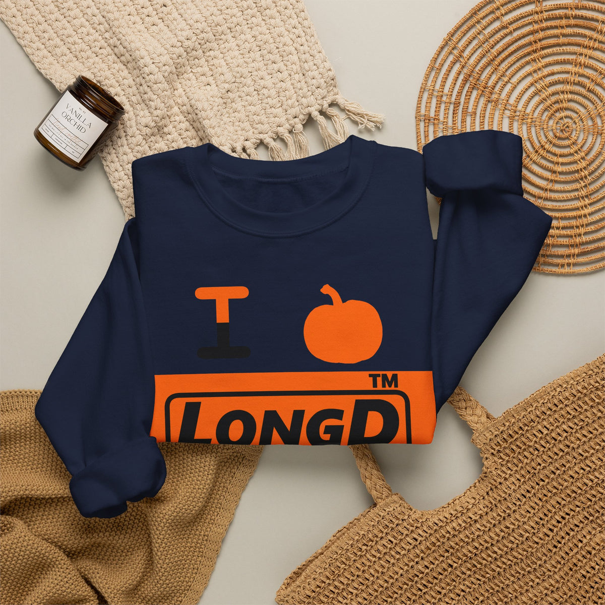 I pumpkin LongD Hyde Park logo positive black on negative orange crewneck sweatshirt