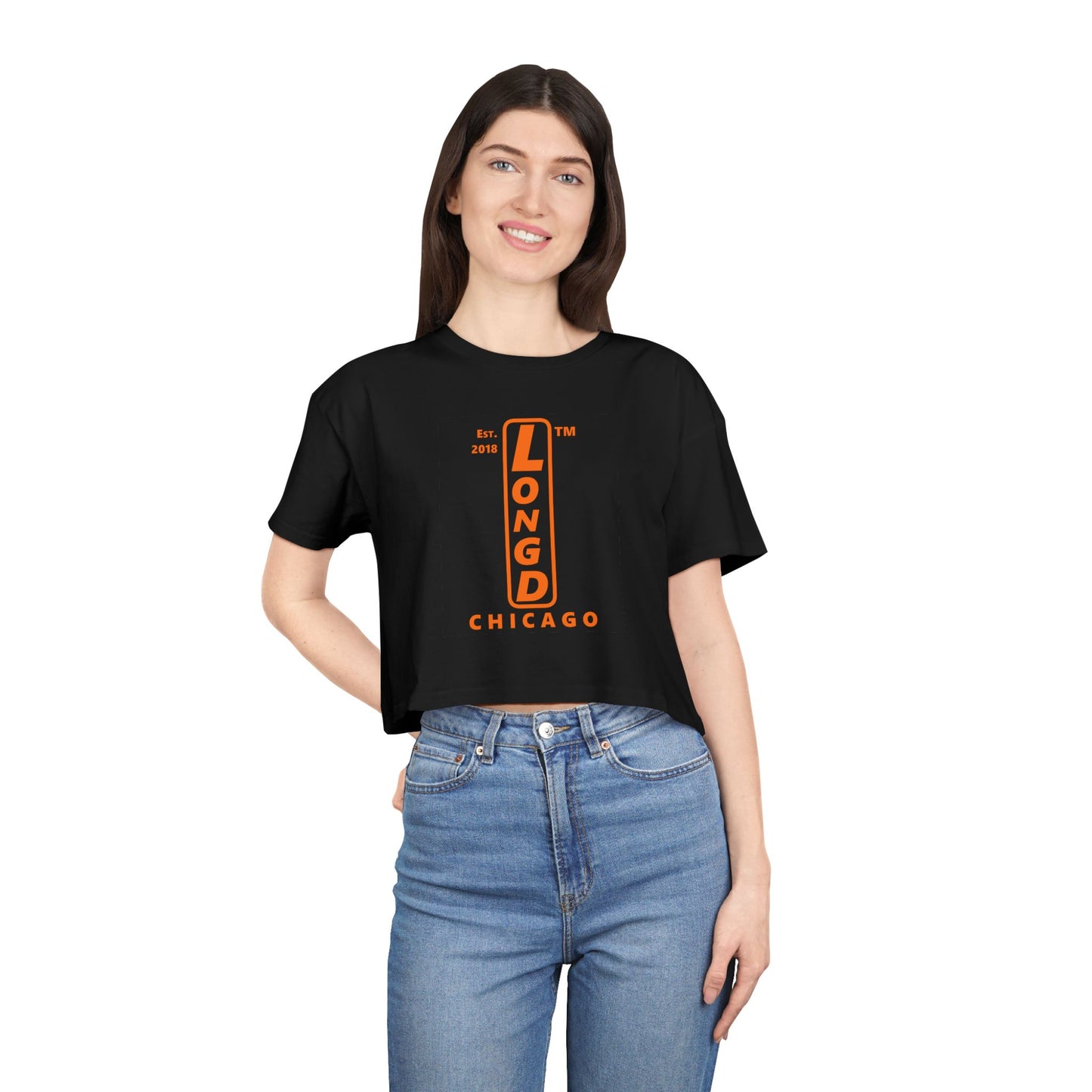 LongD Chicago upright front-back logo orange (FE7518) on Black (000000) crop tee