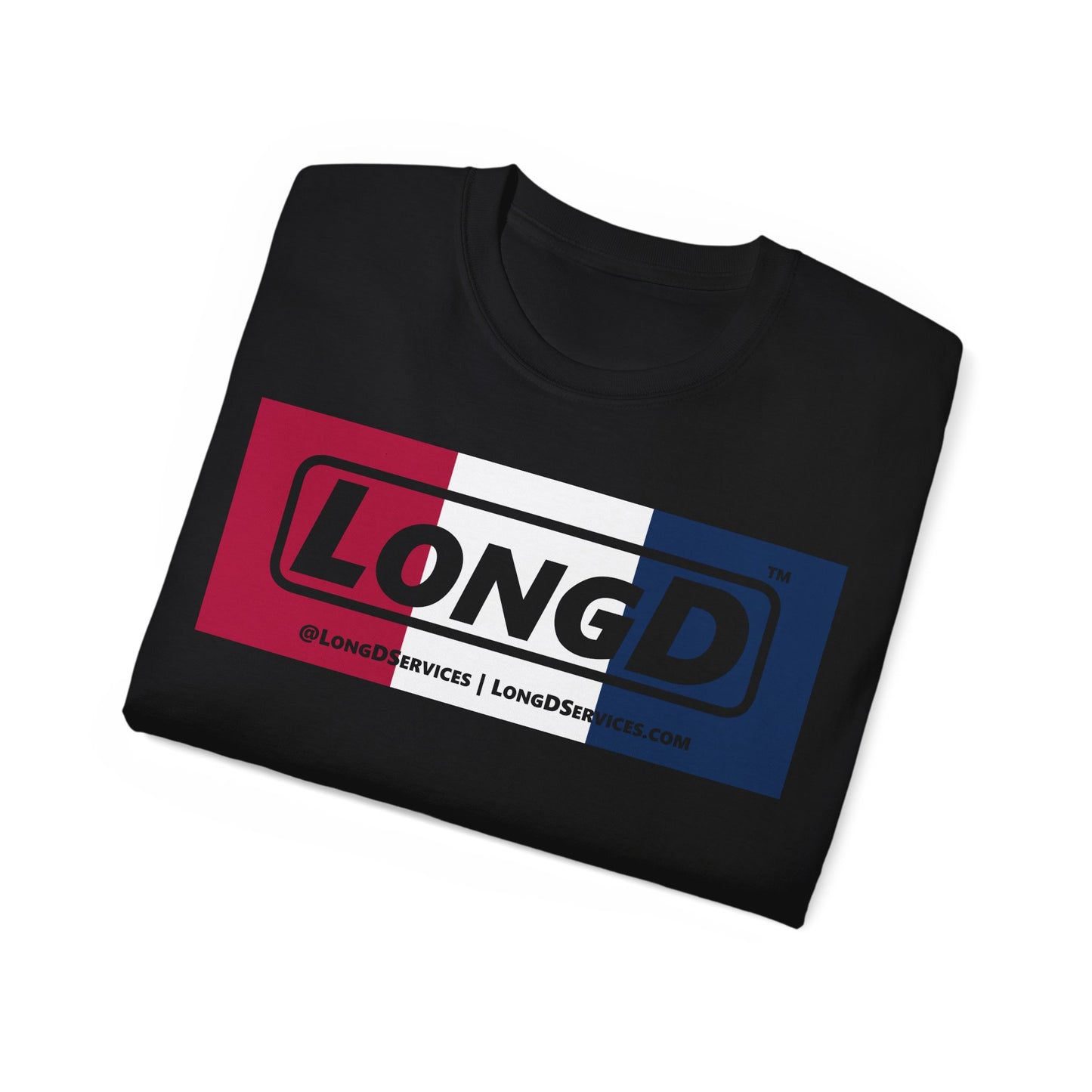 LongD® Logo Cotton Tee Red, White and Blue negative thirds text