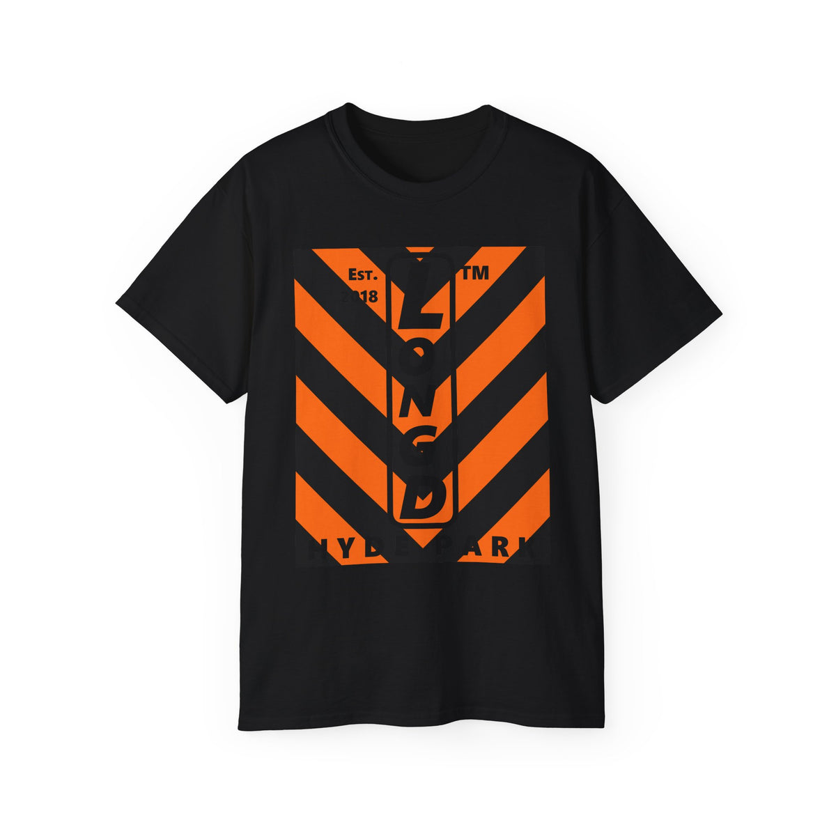 LongD Hyde Park negative upright downward chevron logo (Halloween colors) cotton tee