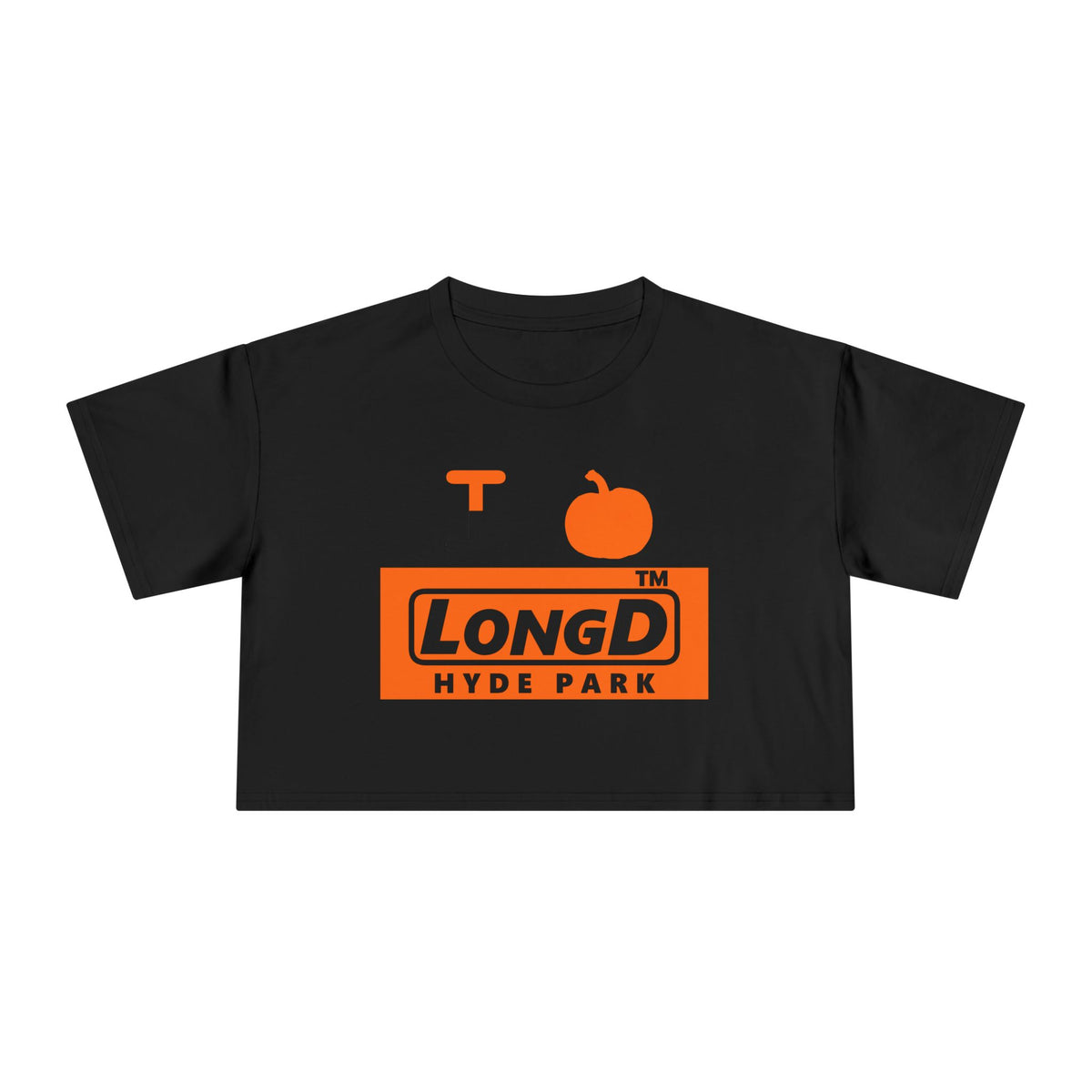 I pumpkin LongD Hyde Park logo positive black on negative orange crop tee