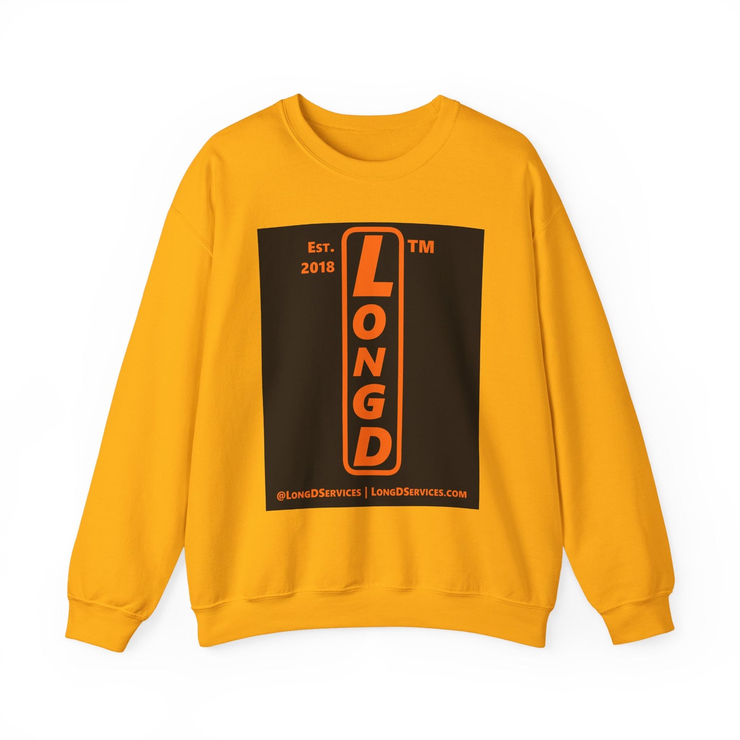 LongD Tag-domain upright front-back logo orange (FE7518) on Black (000000) crewneck sweatshirt