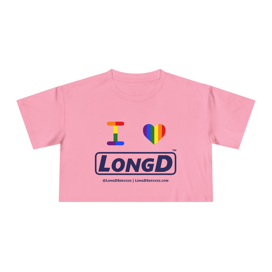 I Luv LongD Logo Women's Crop Tee (Official logo-Pride color rainbow heart and text)