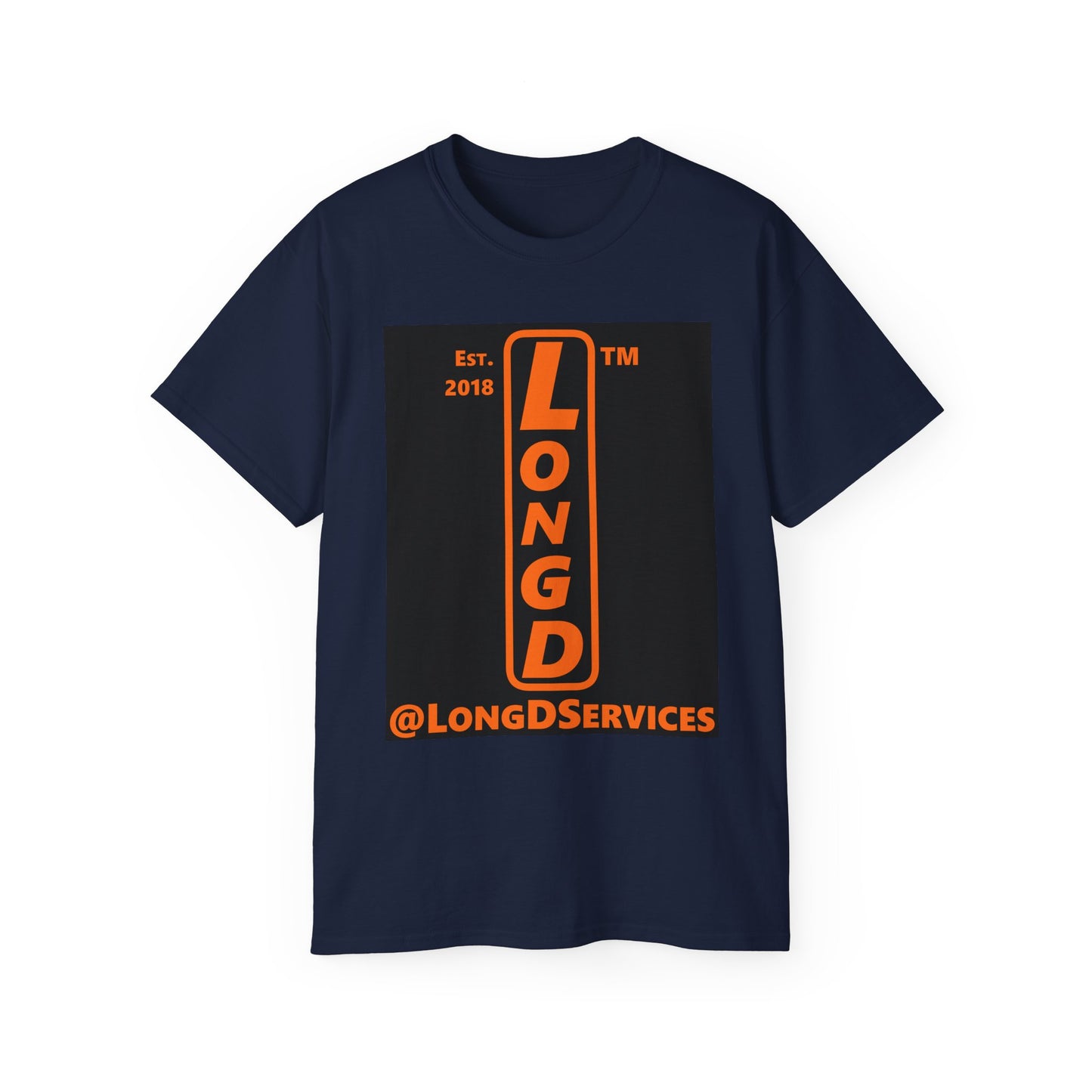 LongD Tag upright front-back logo orange (FE7518) on Black (000000) cotton tee