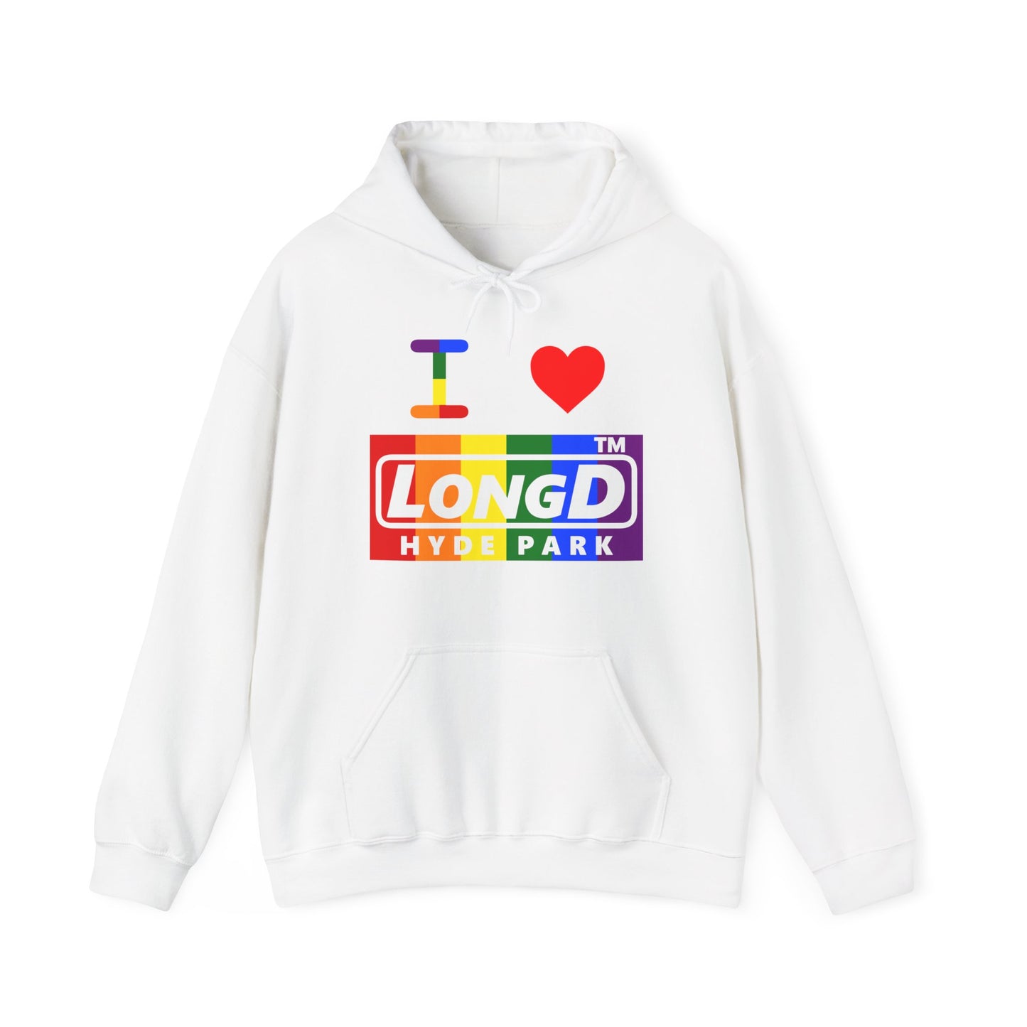 I Luv LongD® negative vertical striped Hyde Park logo hoodie (Pride colors)