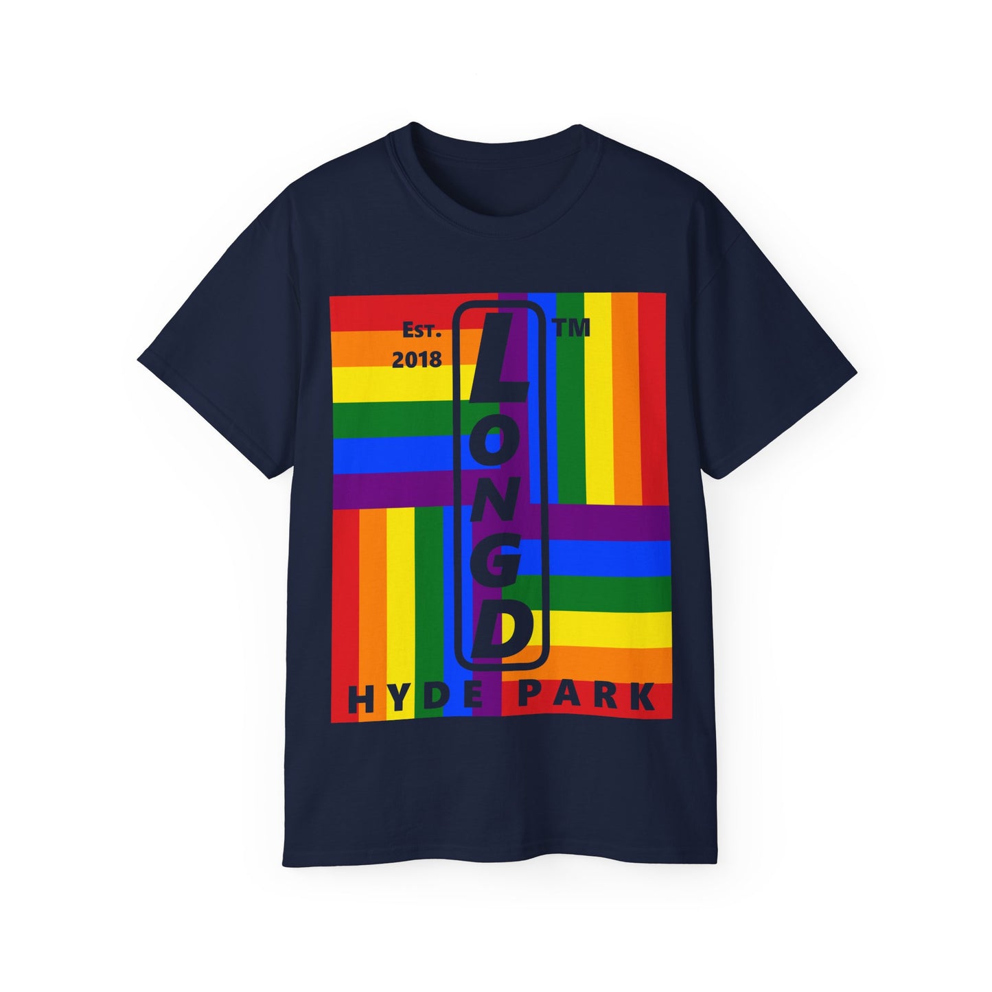LongD Cotton Tee negative windmill Hyde Park upright logo (Pride colors)