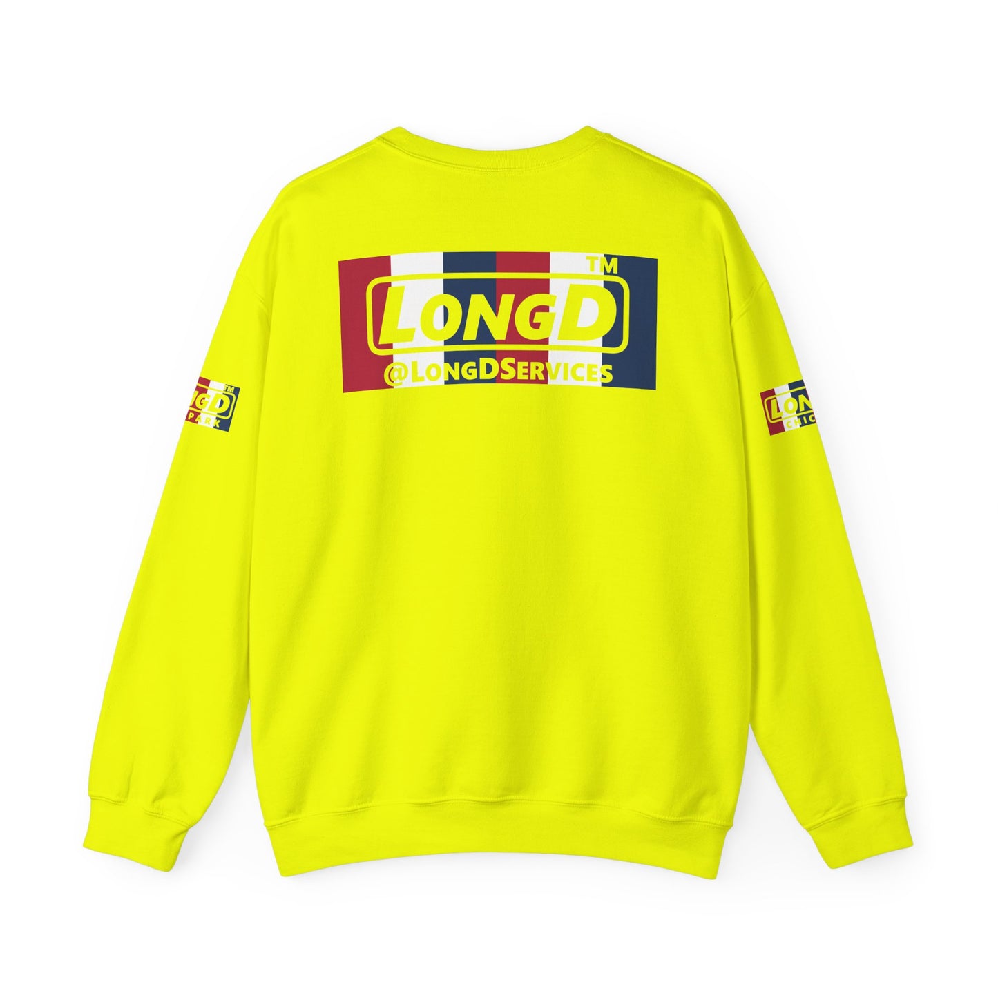 I firecracker LongD positive vertical 6-striped 4-print tag-domain logo crewneck sweatshirt