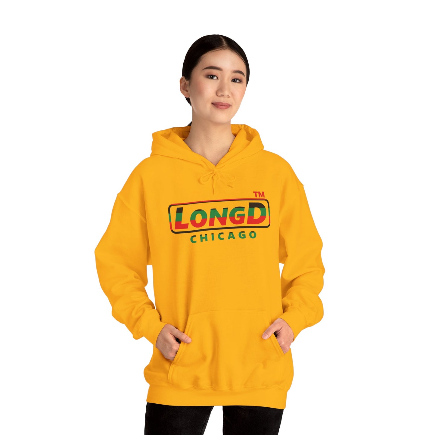 LongD® positive horizontal 6-striped Chicago logo Hoodie (Juneteenth colors)