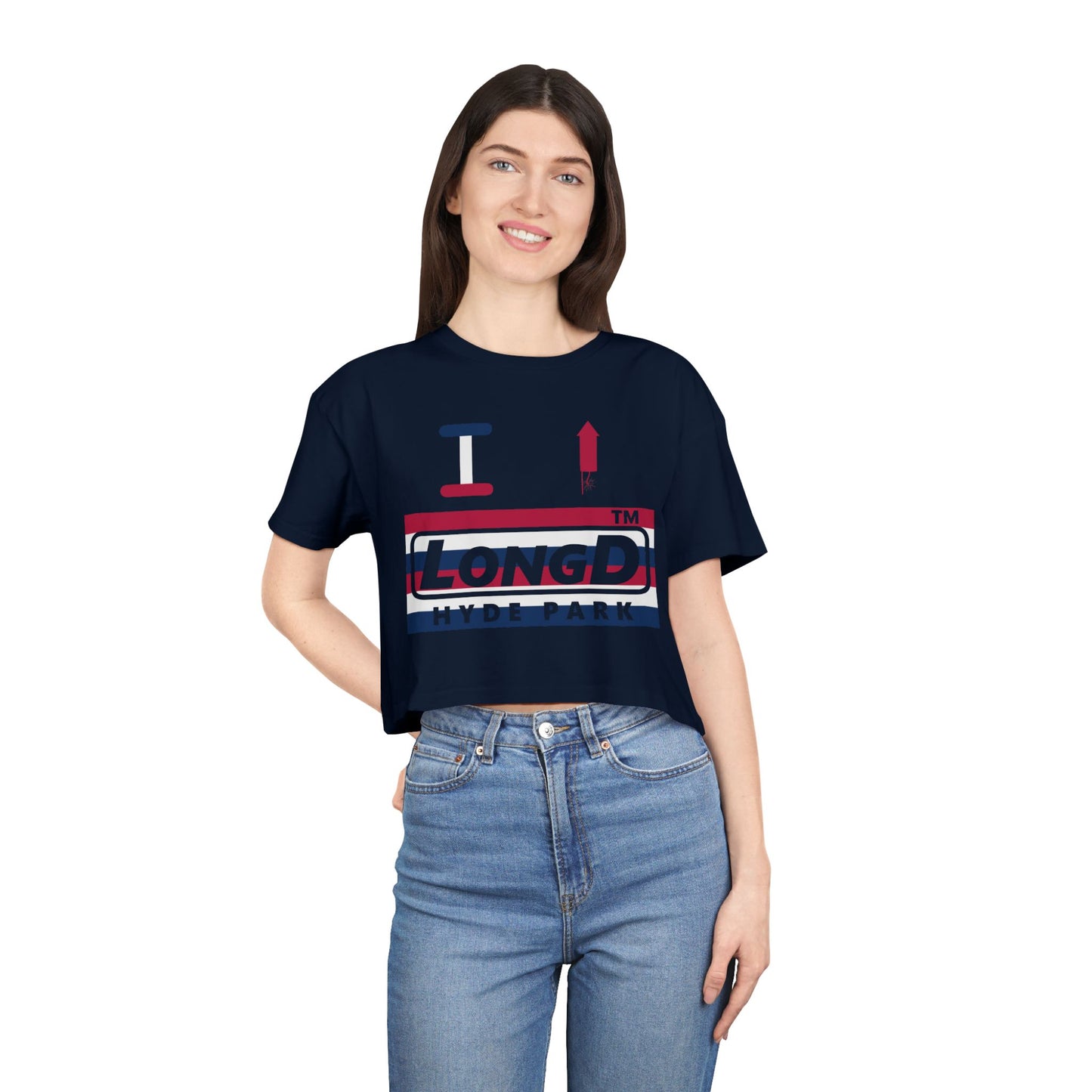 I firecracker LongD negative horizontal 6-striped Hyde Park Logo Crop Tee (Patriotic colors)
