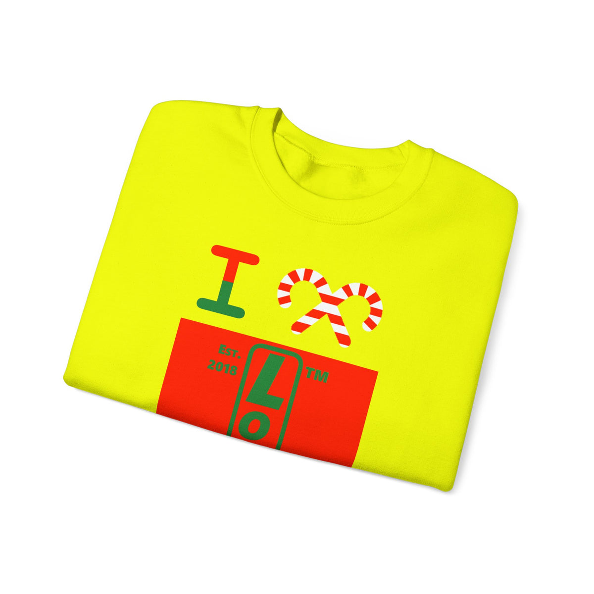 I candy cane LongD Chicago upright logo positive green on negative red crewneck sweatshirt