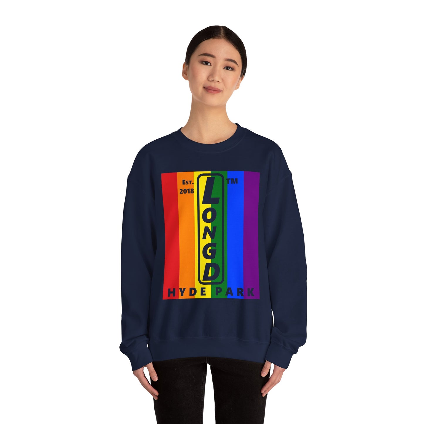LongD negative cropped flag Hyde Park upright logo crewneck sweatshirt (Pride colors)