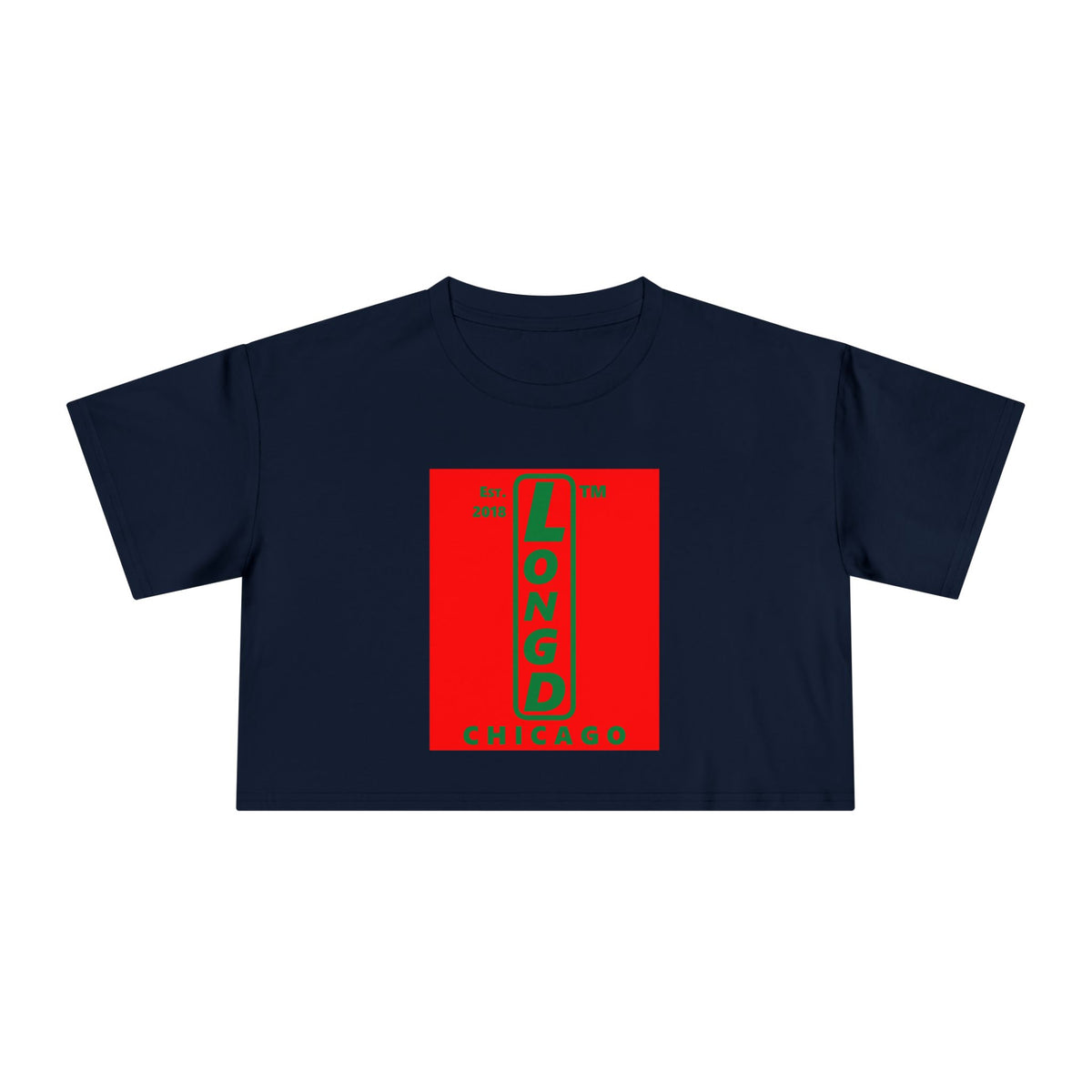 LongD Chicago upright logo positive green on negative red (Xmas colors) crop tee